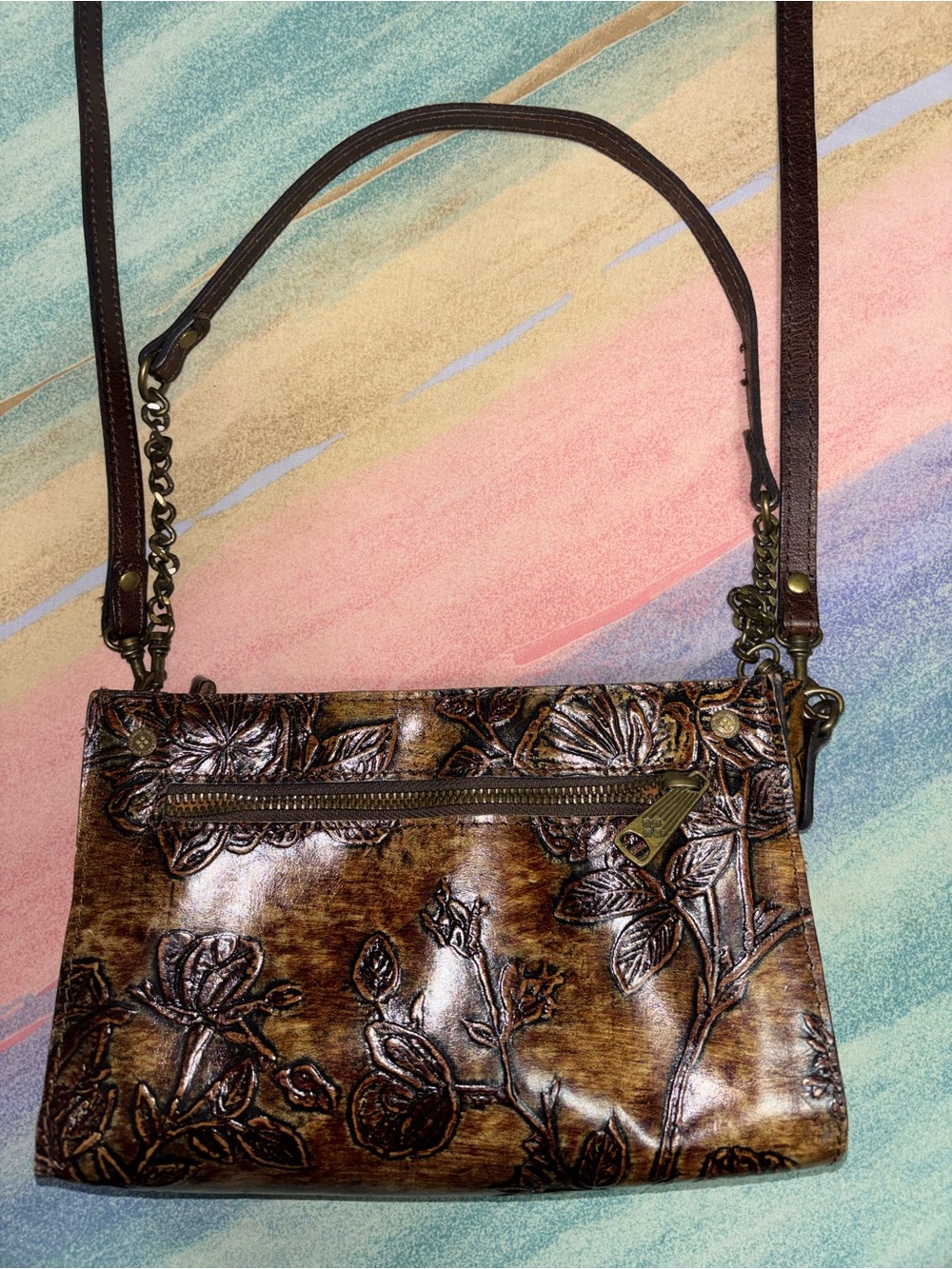 Patricia Nash Brown Bark Leaves Floral Tooled Leather Sm Purse Short Chain Strap